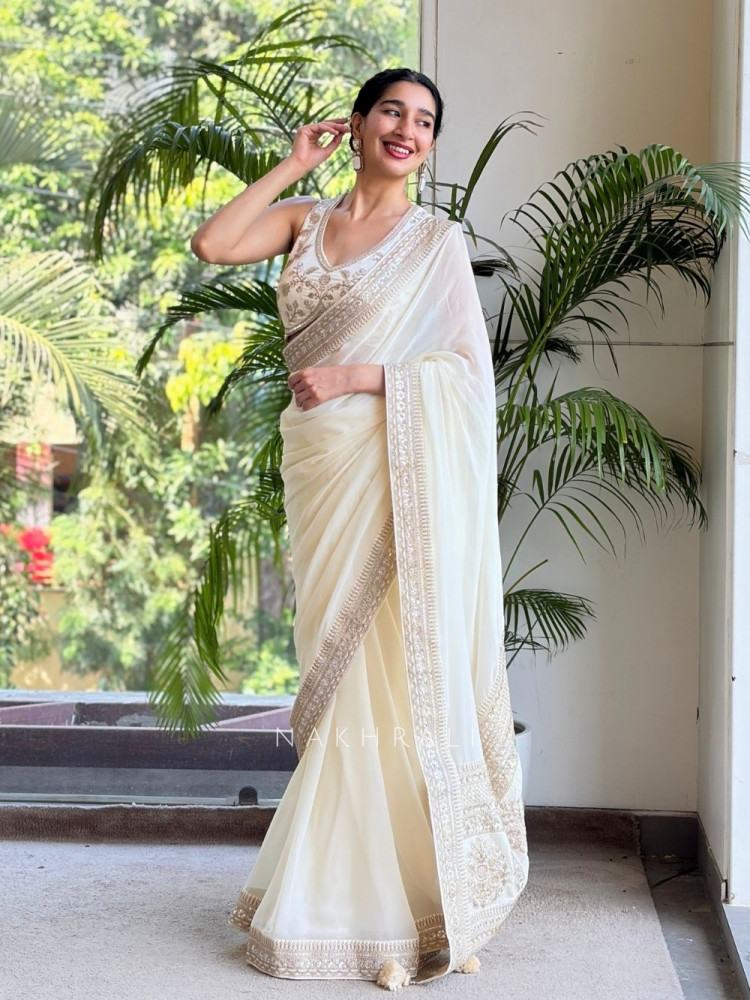 Image of Vinamr Off White Saree with Readymade Blouse – Embroidery &amp; Sequin Work