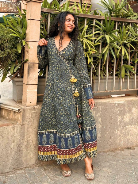 Mridula Blue Angrakha Kurta with Ethnic Print
