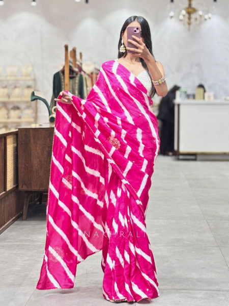 Aurelia Pink Leheriya Saree with Gota Patti and Sequin Work