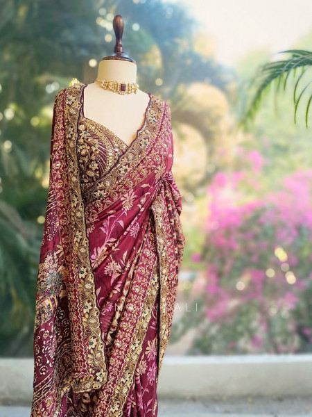 Velora Wine Saree with Zari and Mirror Work