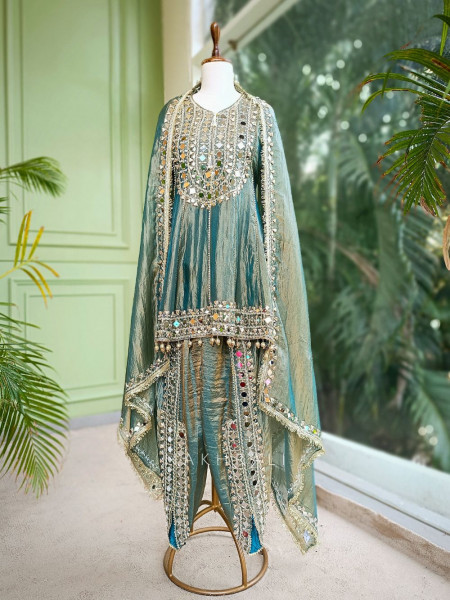 Amaya Teal Green Tissue Dhoti Kurta Set with Mirror and Gota Patti Work