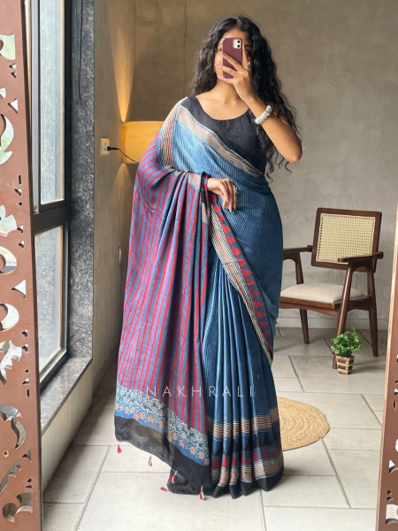Dhani Blue Modal Silk Saree With Ajrakh Print