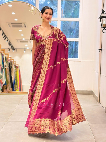 Kamalika Magenta Silk & Tissue Anarkali Suit Set with Gold Zari Lotus Embroidery
