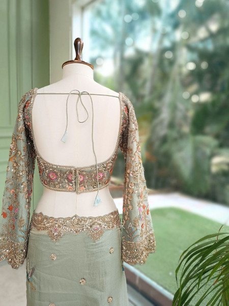 Avian Whimsy Sea Green Pure Organza Saree