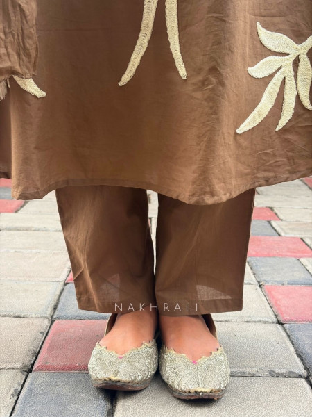 Kavira Brown Cotton Suit Set with Appliqué Bird Motif Work