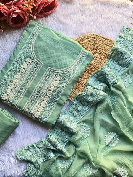 Avarna Sea green Pearl Beads Embroidered Dress Material