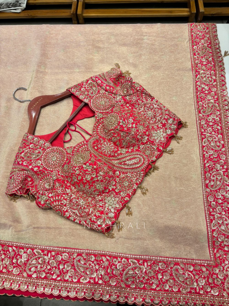 Image of Rooh Beige Saree with Readymade Blouse With Zardozi Paisley Work