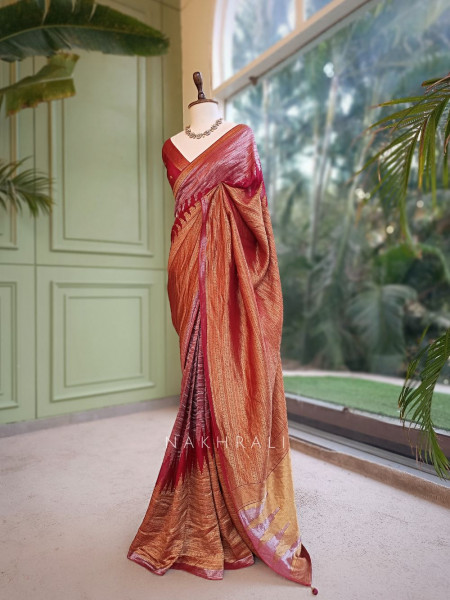 Tarkash Loom Brown Banarasi Chiniya Silk Saree with Ombre Zari Weaving & Temple Border