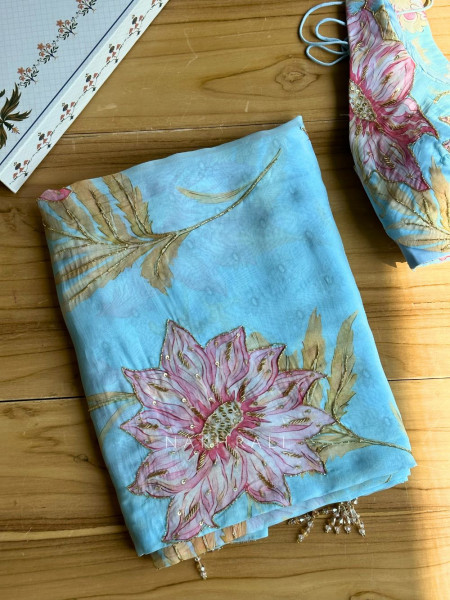 Dahlia Sky Blue Organza Saree with Sequin and Cut Dana Work