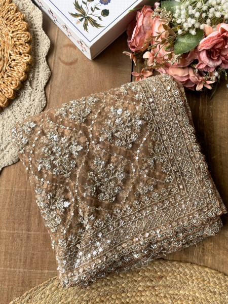 Tarangini Brown Net Saree With Cutdana and Sequin Work