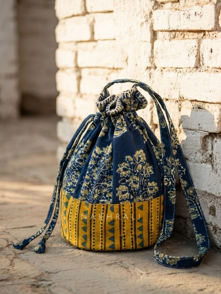 Image of Bagh Indigo Blue Cambric Cotton Potli Bag
