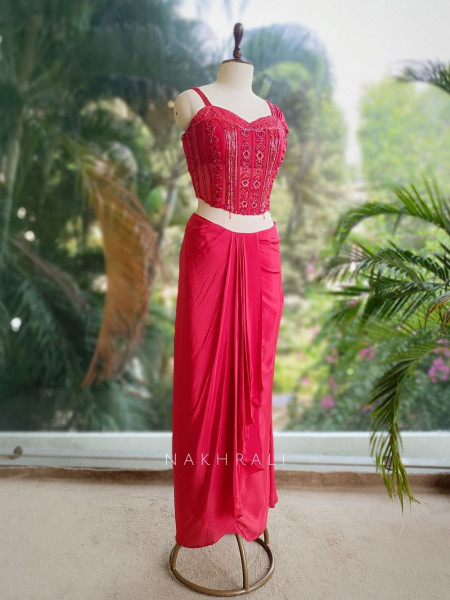Tavisha Red Sequin & Cut Dana Crop Top Skirt Set