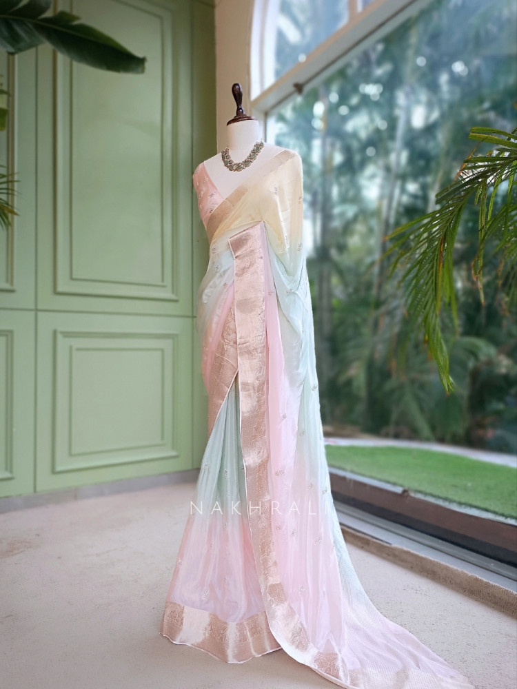 Image of Sorbet Ombre Multicolor Organza-Satin &amp; Banarasi Silk Saree
