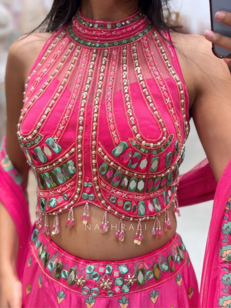Emerald-Accent magenta Halter Mirror Lehenga