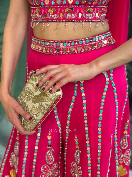 Rosefire Magenta Embellished Crop Top Palazzo Set