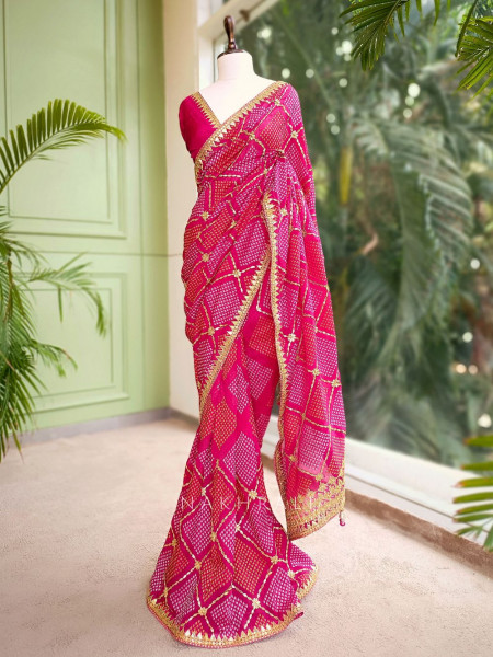 Rosette Glow Georgette Bandhani Saree with Gota Embroidery