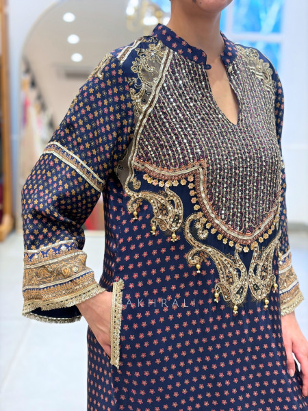 Nirvani Navy Blue Modal Silk Long Suit Set With Sheesha, Sequin & Gota Work