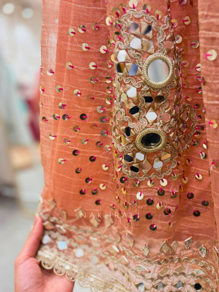 Aisha Peach Tissue Suit Set with Mirror and Gota Patti Work