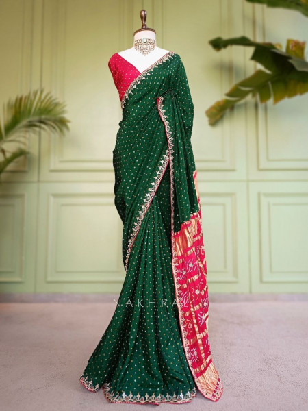 Verdant Red & Green Bandhej Saree Zari Border Work
