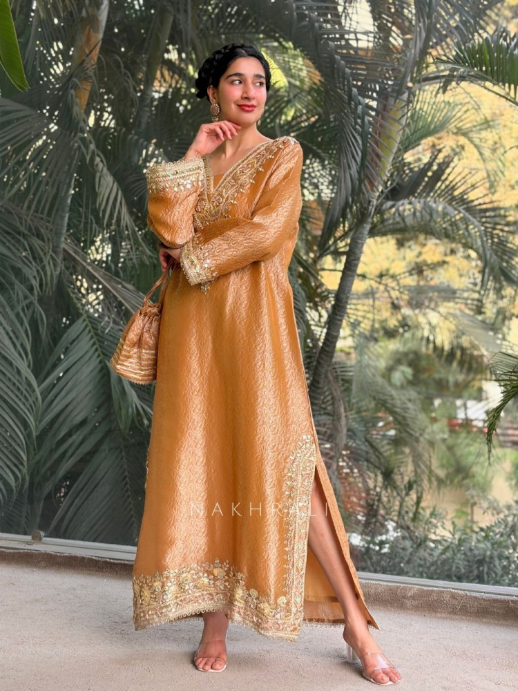 Image of Kyra Mustard  Straight Dress with Mirror Zari Work