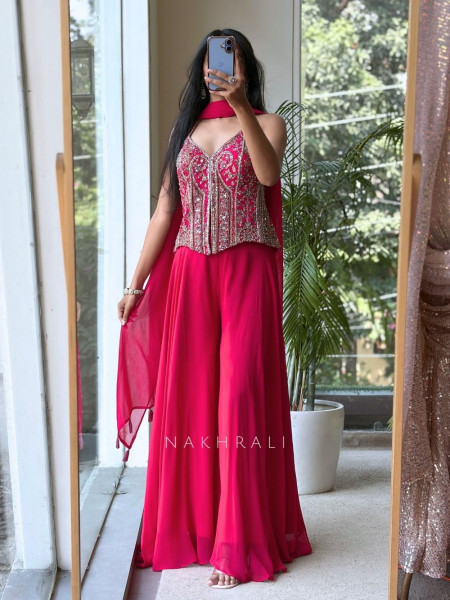 Ornate Flair Magenta Georgette Indo Western Palazzo Set