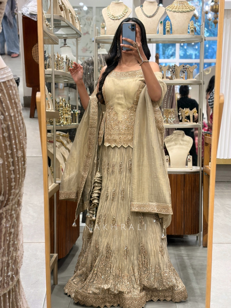 Image of Cressida Beige Shimmer Tissue Indo-Western Lehenga
