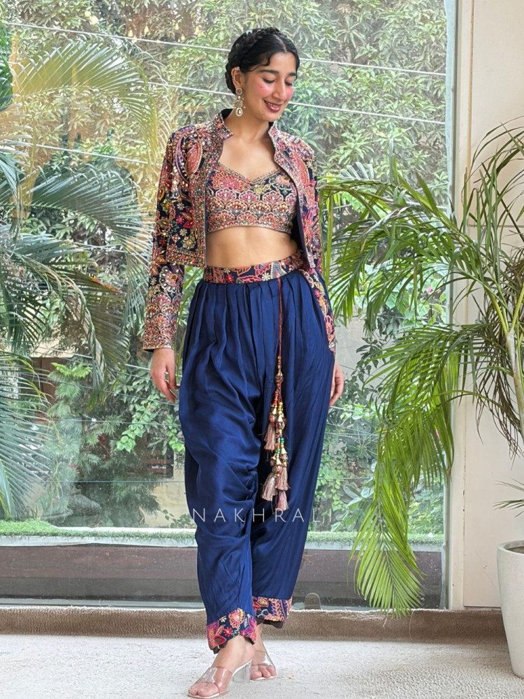 Image of Srinagar Blue  Satin Crepe Indo-Western Jacket Dhoti Set