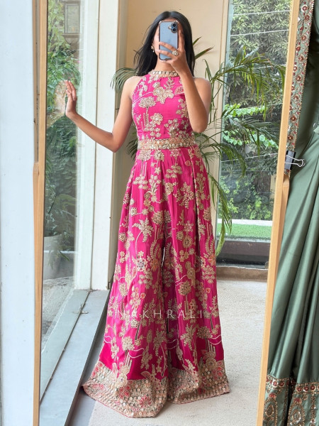 Ishvani Magenta Chanderi Silk Indo-Western Jumpsuit