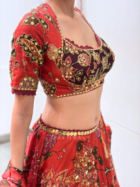 Aranya Red Red Chinon Silk Floral Printed Lehenga Set with Zardozi & Resham Work
