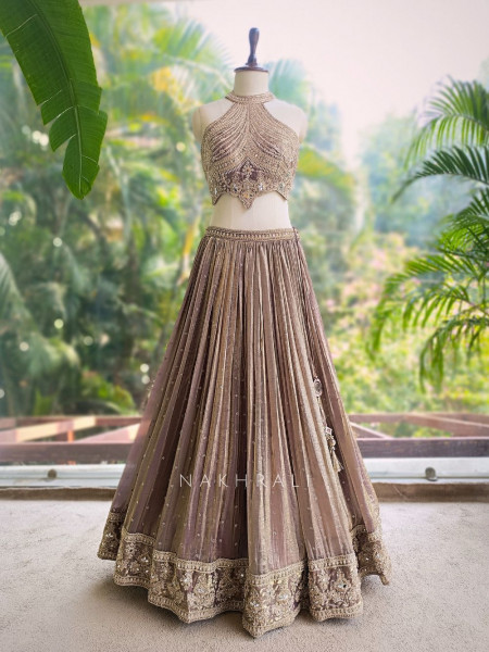 Zarish Brown Indo-Western Halter Lehenga Set with Mirror Work