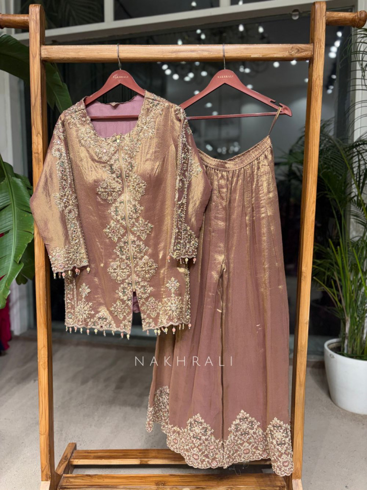 Image of Zareen Peach Embellished Kurta Palazzo Set