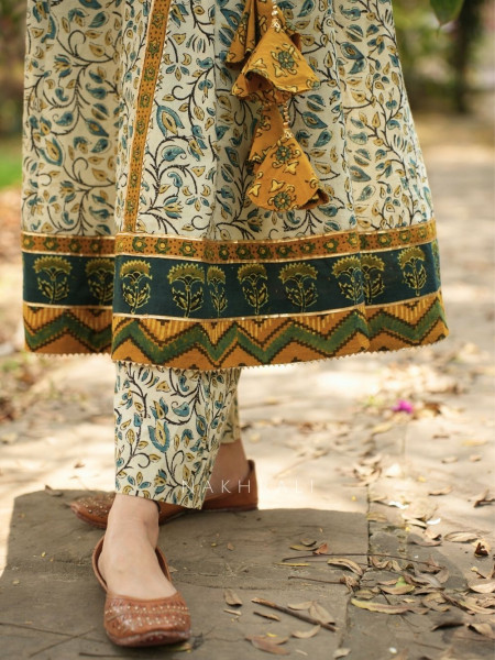 Mirza Cream Angrakha Cotton Kurta Pant Set