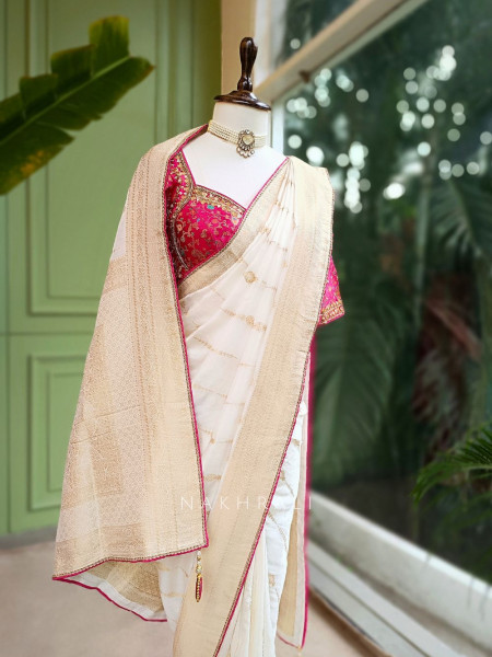 Mrignayani Cream Saree with Embroidered Blouse & Brocade Weave