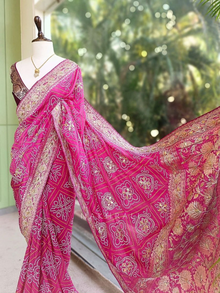 Rivaya Magenta Bandhej Saree With Runing Blouse