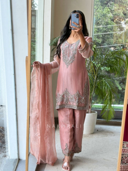 Mrinalini Onion Pink Tissue Silk Suit Set