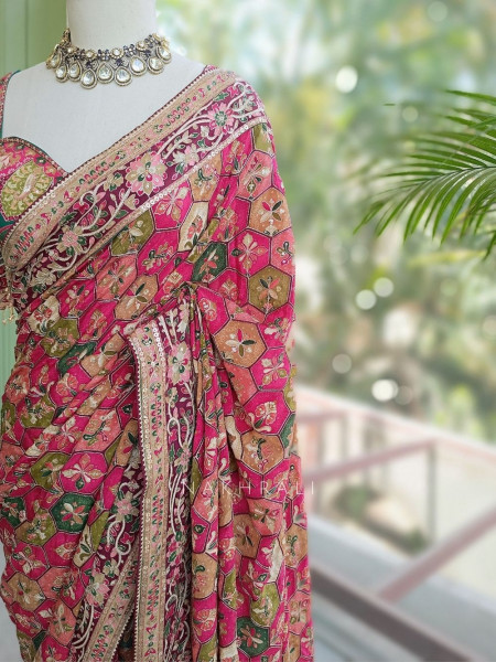 Ravina Bottle Green Printed Saree with Sequin Embroidery