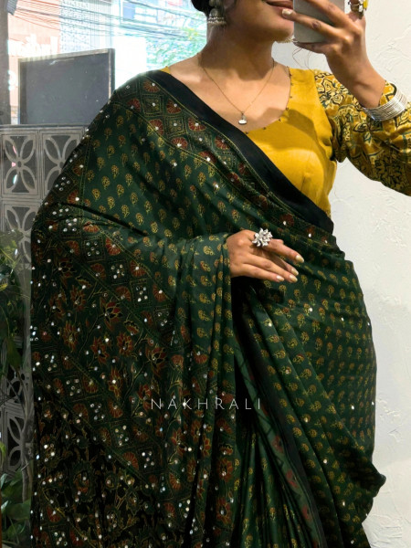 Inayat Green Modal Silk Saree With Ajrakh Print