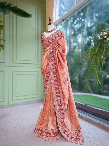 Crimson Gilded Silk Ensemble Orange Saree