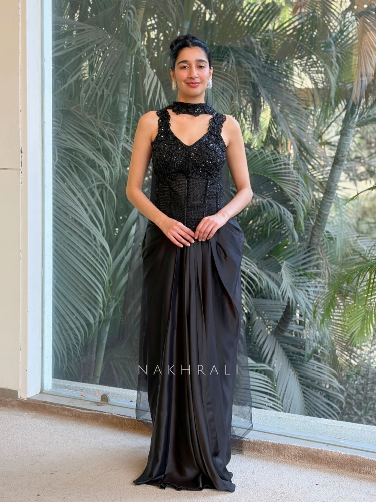 Image of Velora Black Corset Skirt Set with Sequin and Cut Dana Work