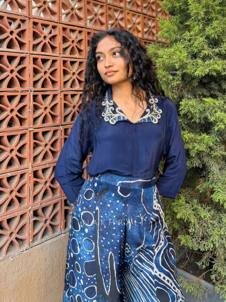 Mireya Blue Co-ord Set with Printed Wide Palazzo