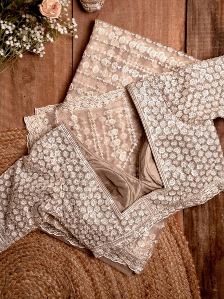 Dandelions Beige Net Saree with Pearl, Sequin & Bead Work