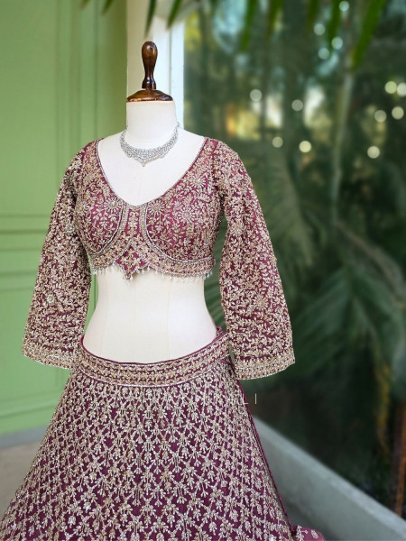 Virel Regal Wine Lehenga Set with Zari and Stone Work