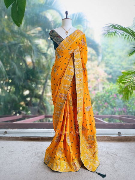 Kavira Mustard Bandhej Saree with Zari Weaved Border