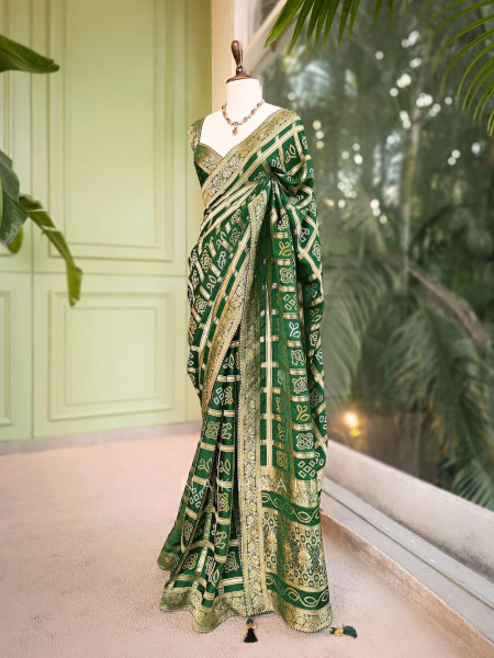 Rangriti Green Bandhani Saree with Gota Border