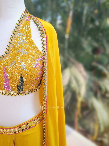 Willow Yellow Halter Indo-Western Set with Cape Shrug