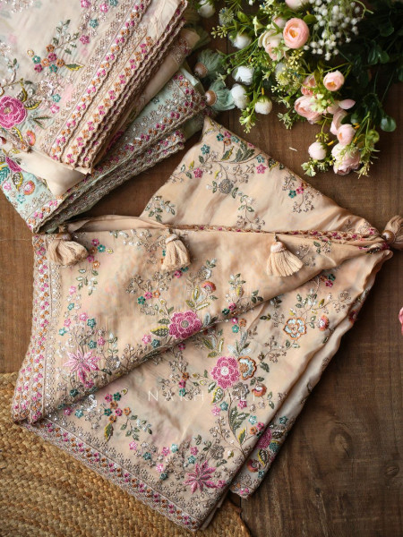 Whispers of Spring Beige Saree with Heavy Floral Thread Work and Readymade Blouse