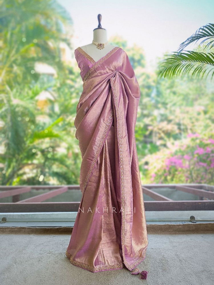 Image of Rivora Purple Zari Woven Saree with Ornate Border Design