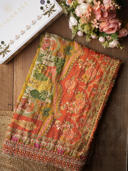 Virel Rust Designer Saree with Bead Stone Embbroidered Blouse