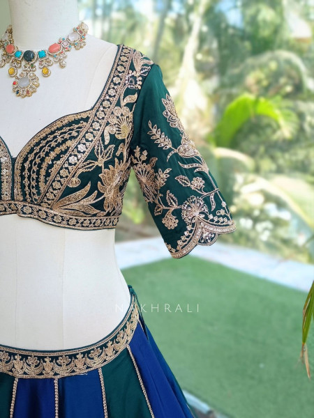 Nishika Navy Blue & Emerald Green Silk Satin Lehenga
