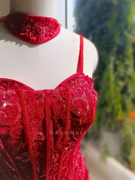 Zevika Red Corset Skirt Set with Sequin Work